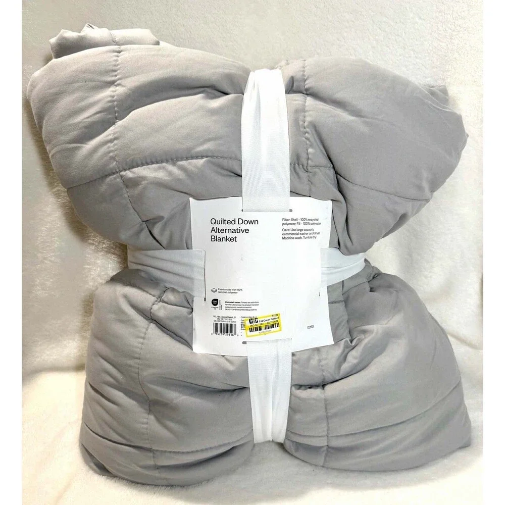Room Essentials Full/Queen Quilted Down Alternative Bed Blanket Gray Reversible